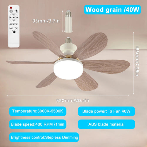 Home LED Ceiling Fan Light E26 E27 Base 3-Colour Adjustable Wireless Remote Control 52CM Ceiling Fan Lamp for Bedroom Living