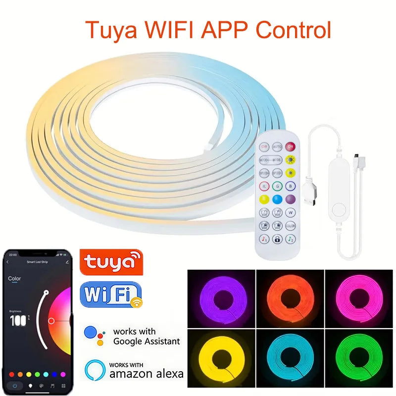 USB RGB Neon Light Strip with APP &Remote Color Change Waterproof Music Sync Mode Flexible Neon Lights for Room Outdoors Decor