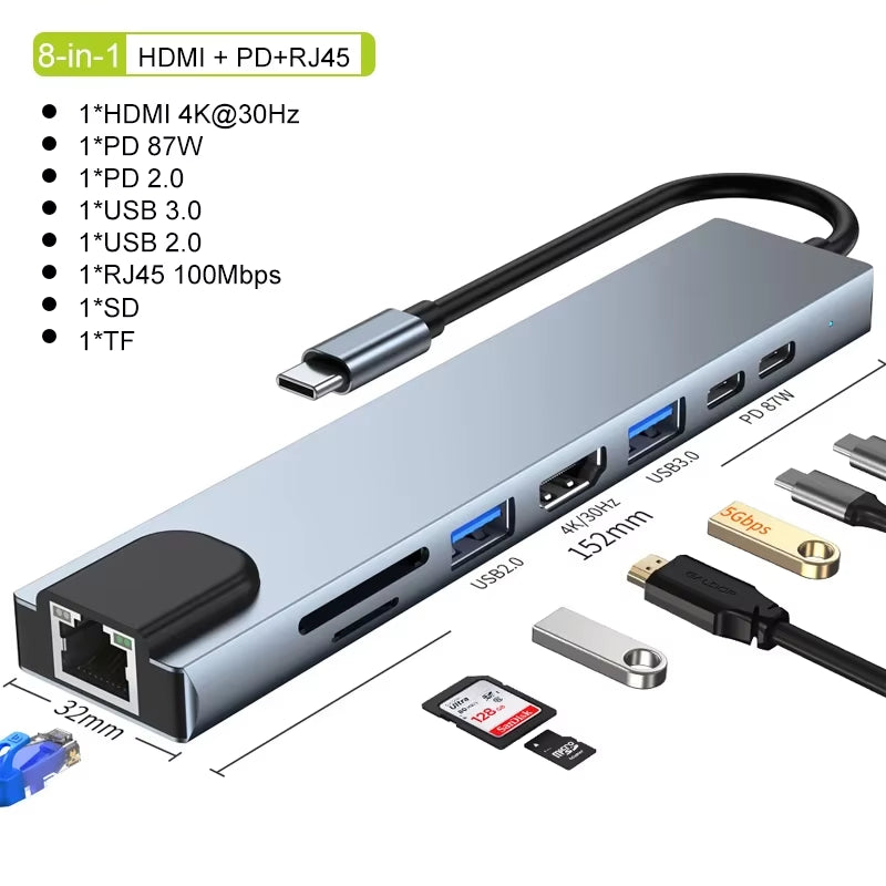 USB C Hub 8In1 7In2 7In1 Type C 3.1 to 4K HDMI Adapter with RJ45 SD/TF Card Reader PD Fast Charge for Macbook Notebook Laptop