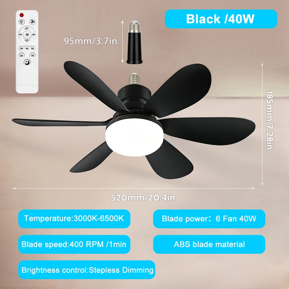 Home LED Ceiling Fan Light E26 E27 Base 3-Colour Adjustable Wireless Remote Control 52CM Ceiling Fan Lamp for Bedroom Living