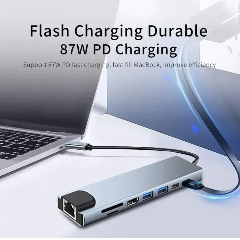USB C Hub 8In1 7In2 7In1 Type C 3.1 to 4K HDMI Adapter with RJ45 SD/TF Card Reader PD Fast Charge for Macbook Notebook Laptop