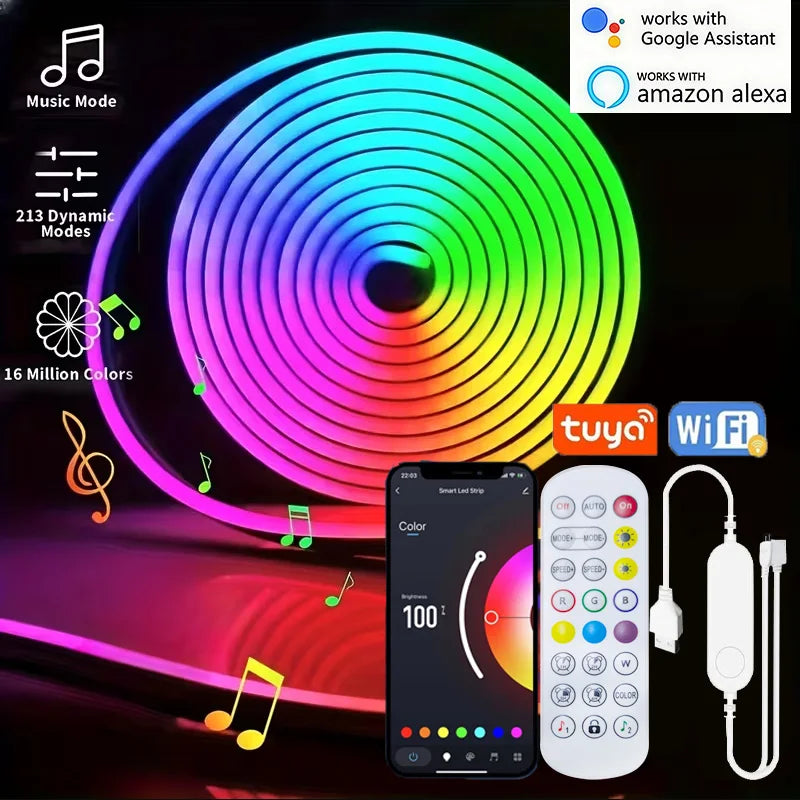 USB RGB Neon Light Strip with APP &Remote Color Change Waterproof Music Sync Mode Flexible Neon Lights for Room Outdoors Decor