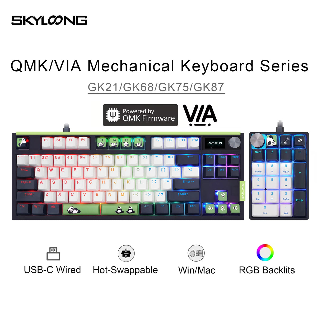 QMK/VIA Mechanical Keyboard GK21/68/75/87 TKL Bundle Sales PBT Panda Keycaps Hot-Swappable USB-C Wired Gamer Keyboard