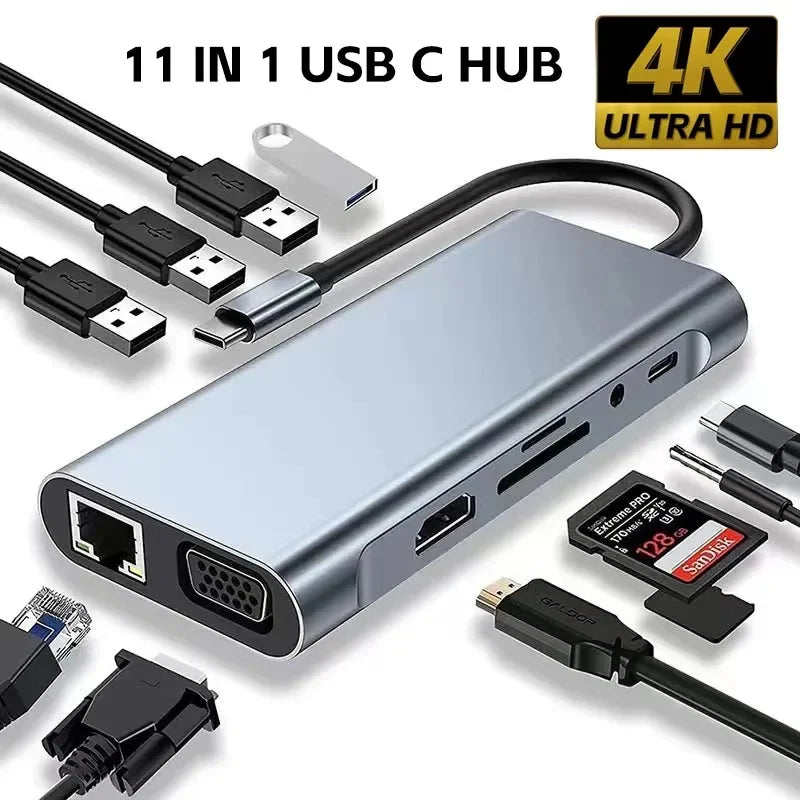 USB C Hub 8In1 7In2 7In1 Type C 3.1 to 4K HDMI Adapter with RJ45 SD/TF Card Reader PD Fast Charge for Macbook Notebook Laptop