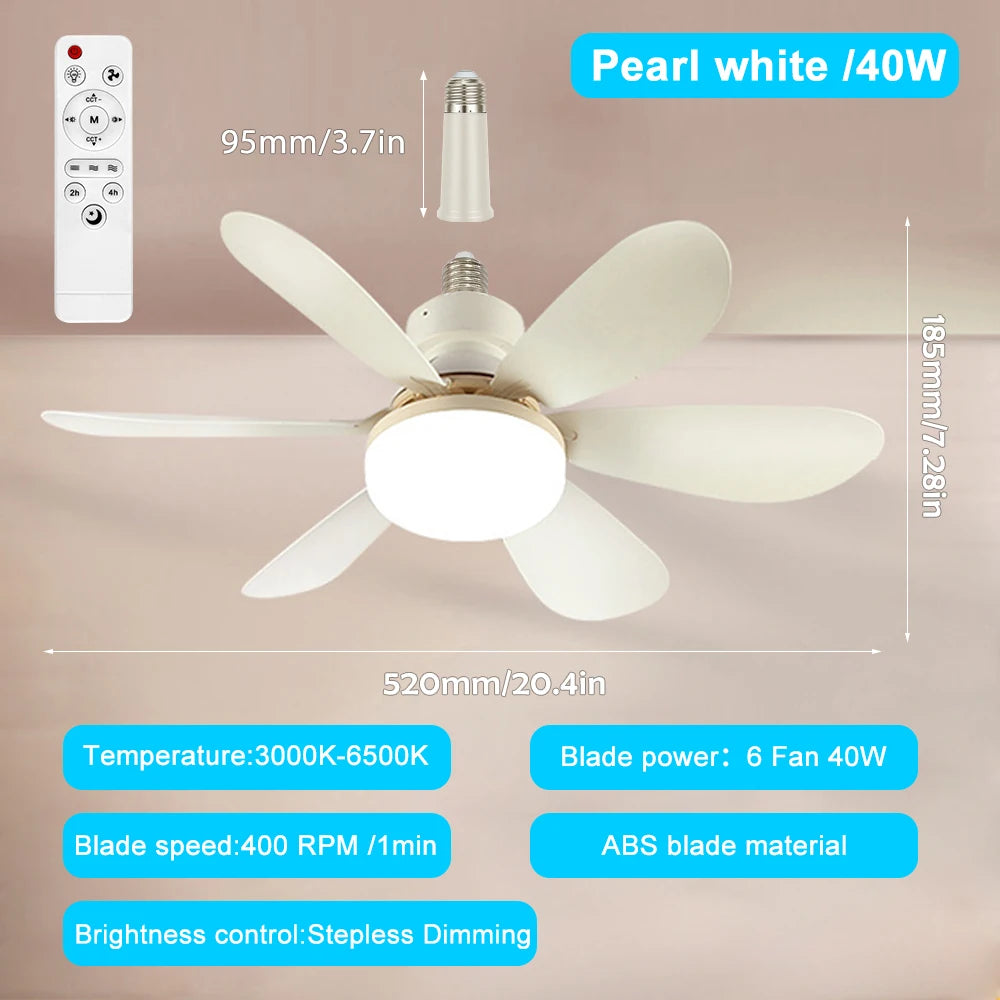 Home LED Ceiling Fan Light E26 E27 Base 3-Colour Adjustable Wireless Remote Control 52CM Ceiling Fan Lamp for Bedroom Living