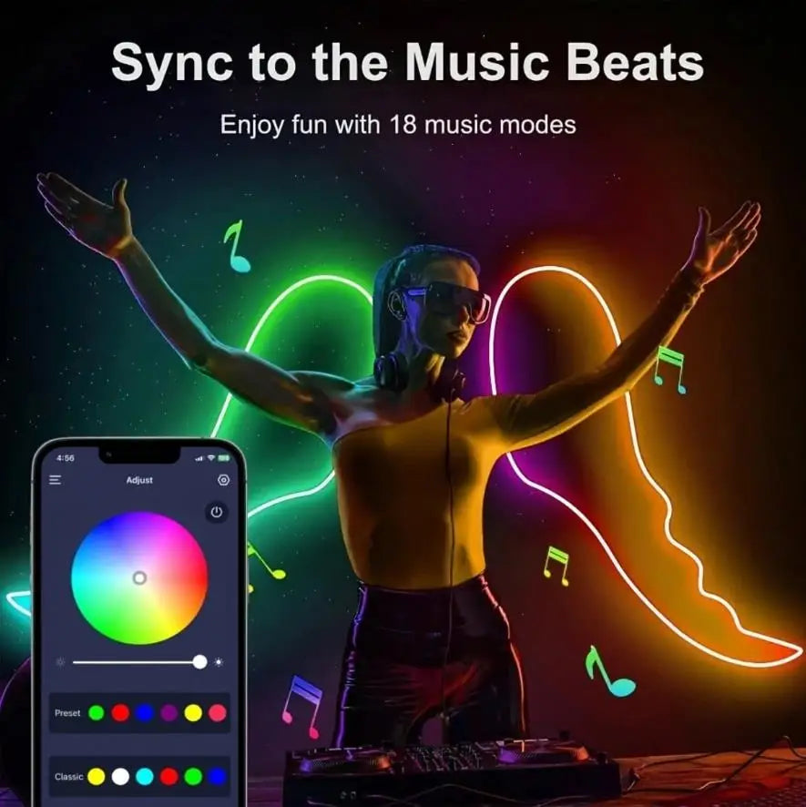 USB RGB Neon Light Strip with APP &Remote Color Change Waterproof Music Sync Mode Flexible Neon Lights for Room Outdoors Decor